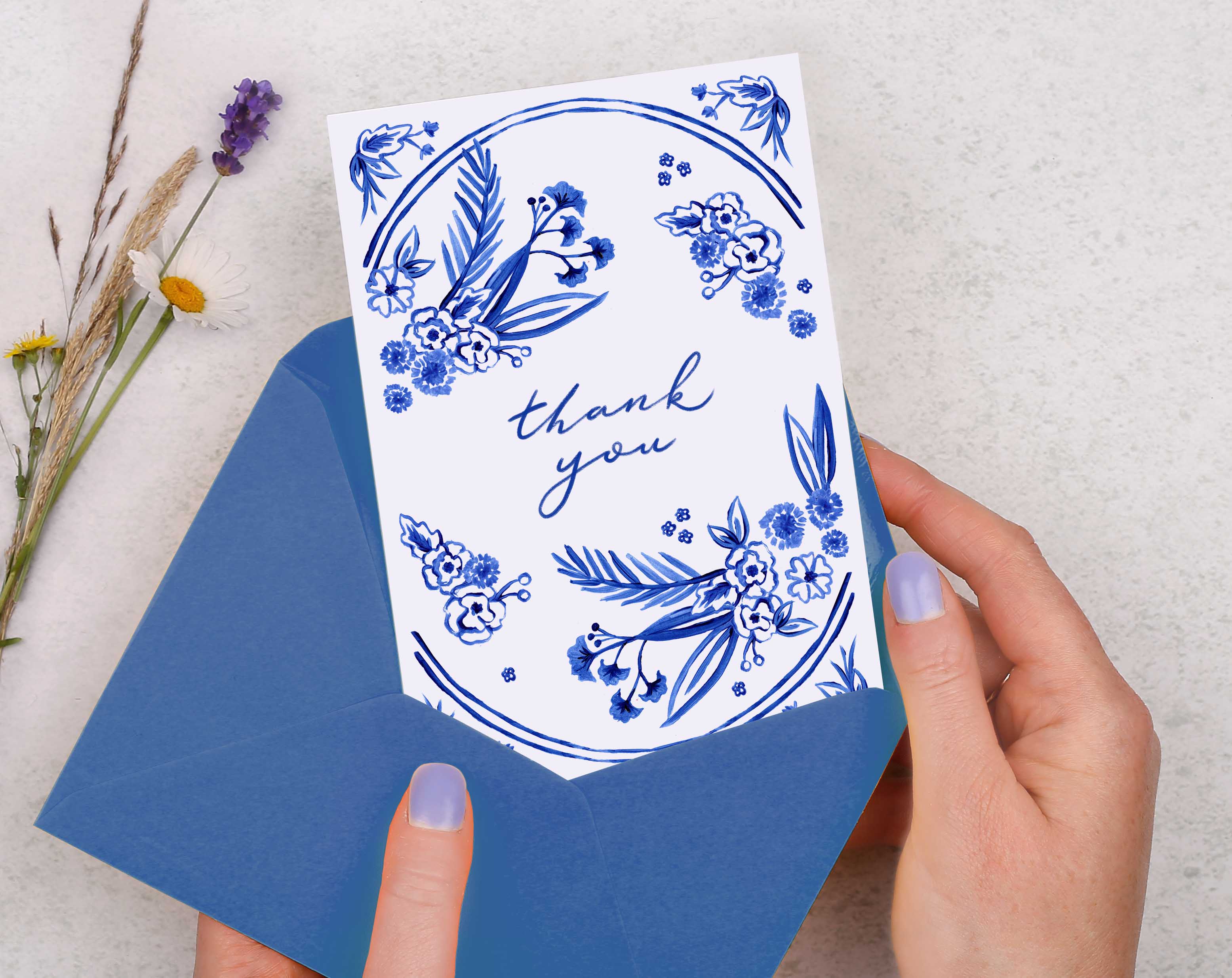 A blue porcelain inspired Thank You Card with a beautiful painted flower design. 