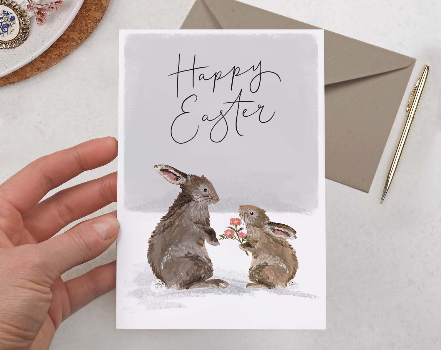 Rabbit Happy Easter Card With Flowers