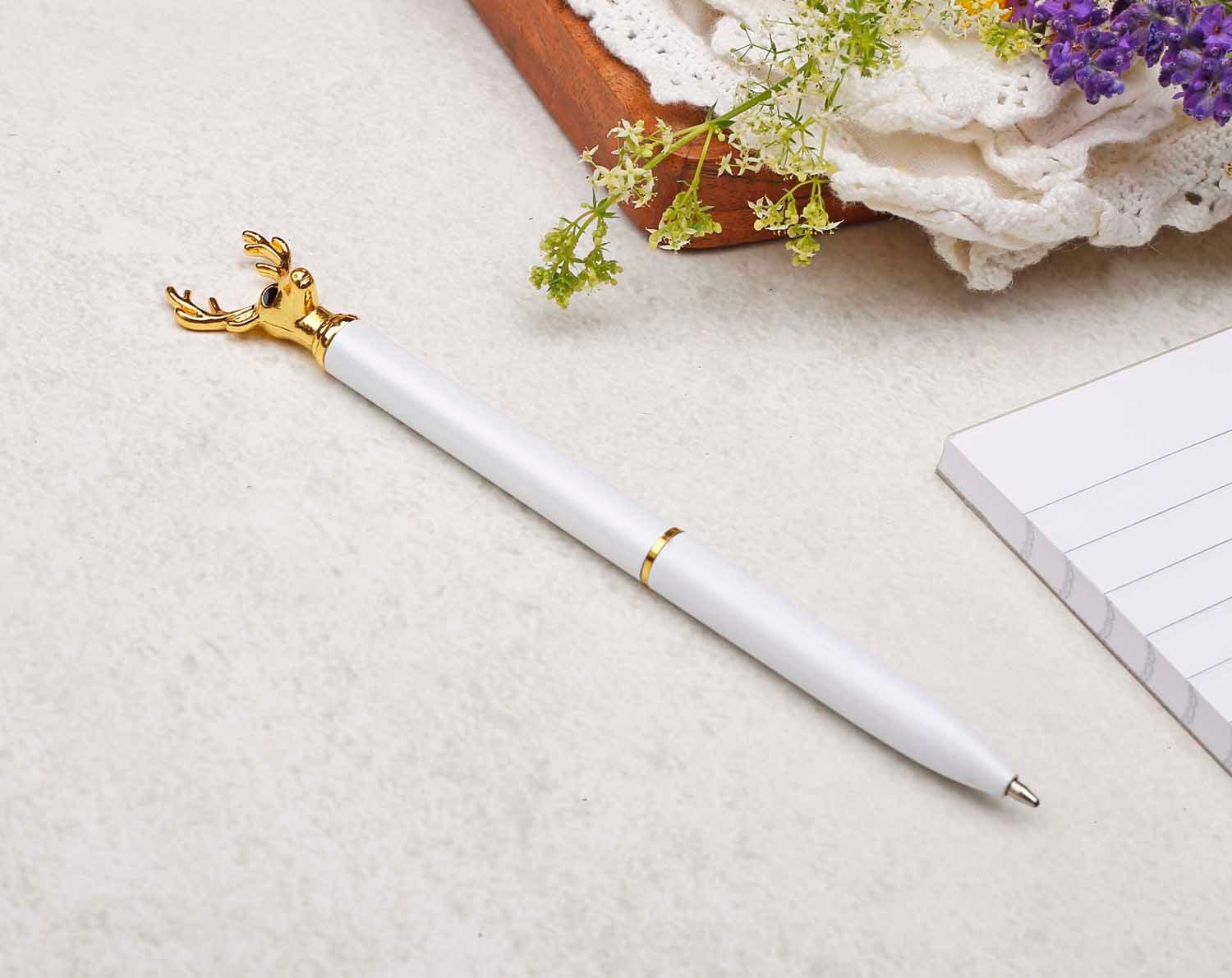 White & Gold Ballpoint Pen With Stag Head