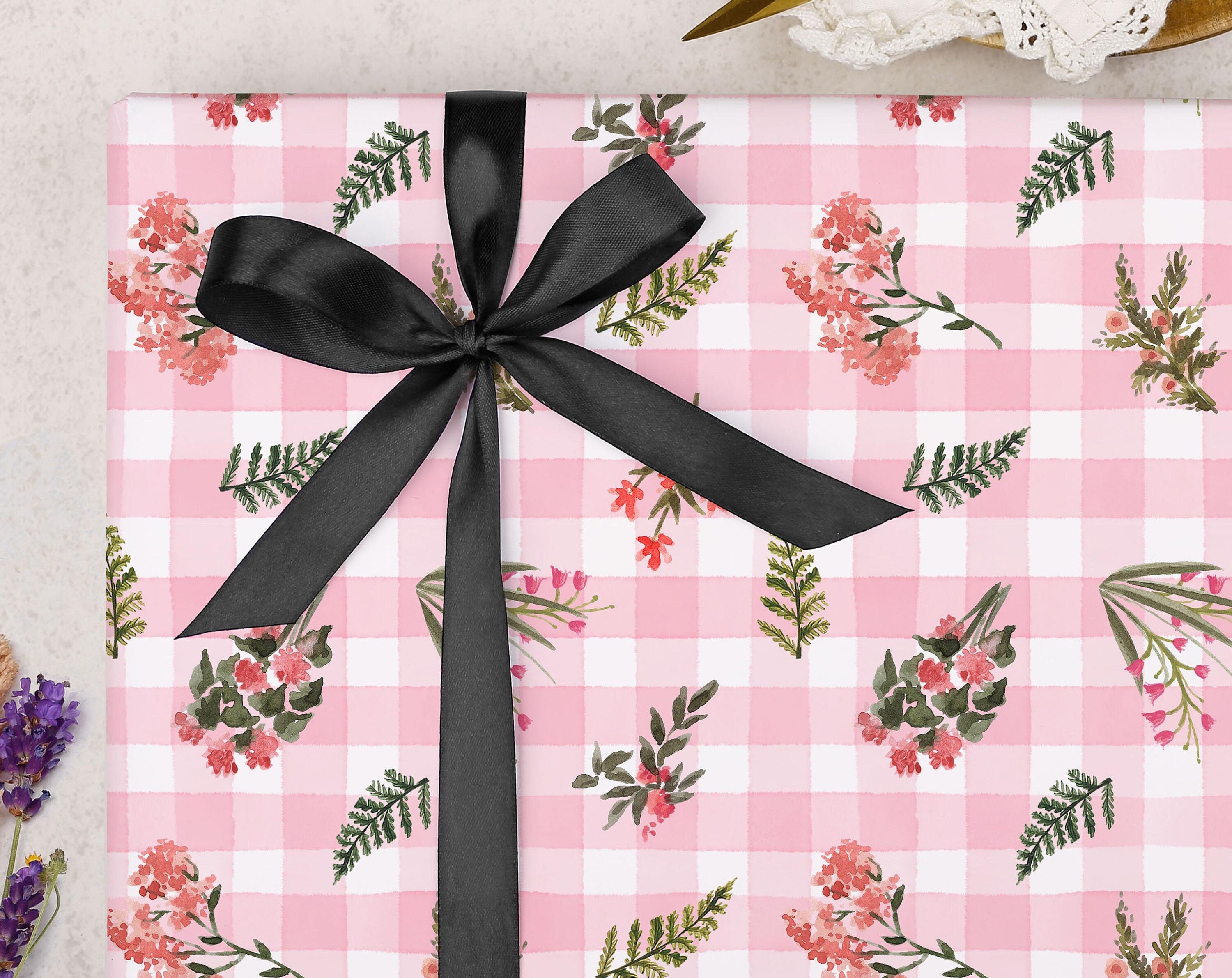 Pink Floral Gingham Wrapping Paper