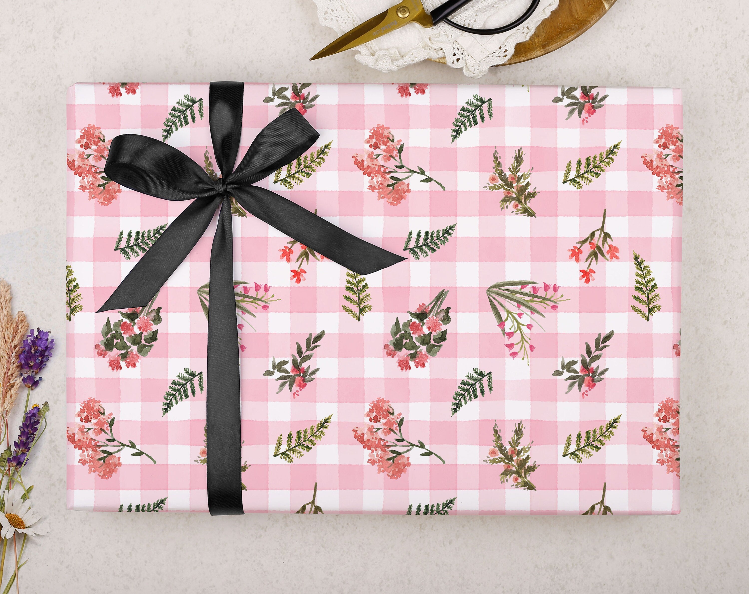 Pink Floral Gingham Wrapping Paper