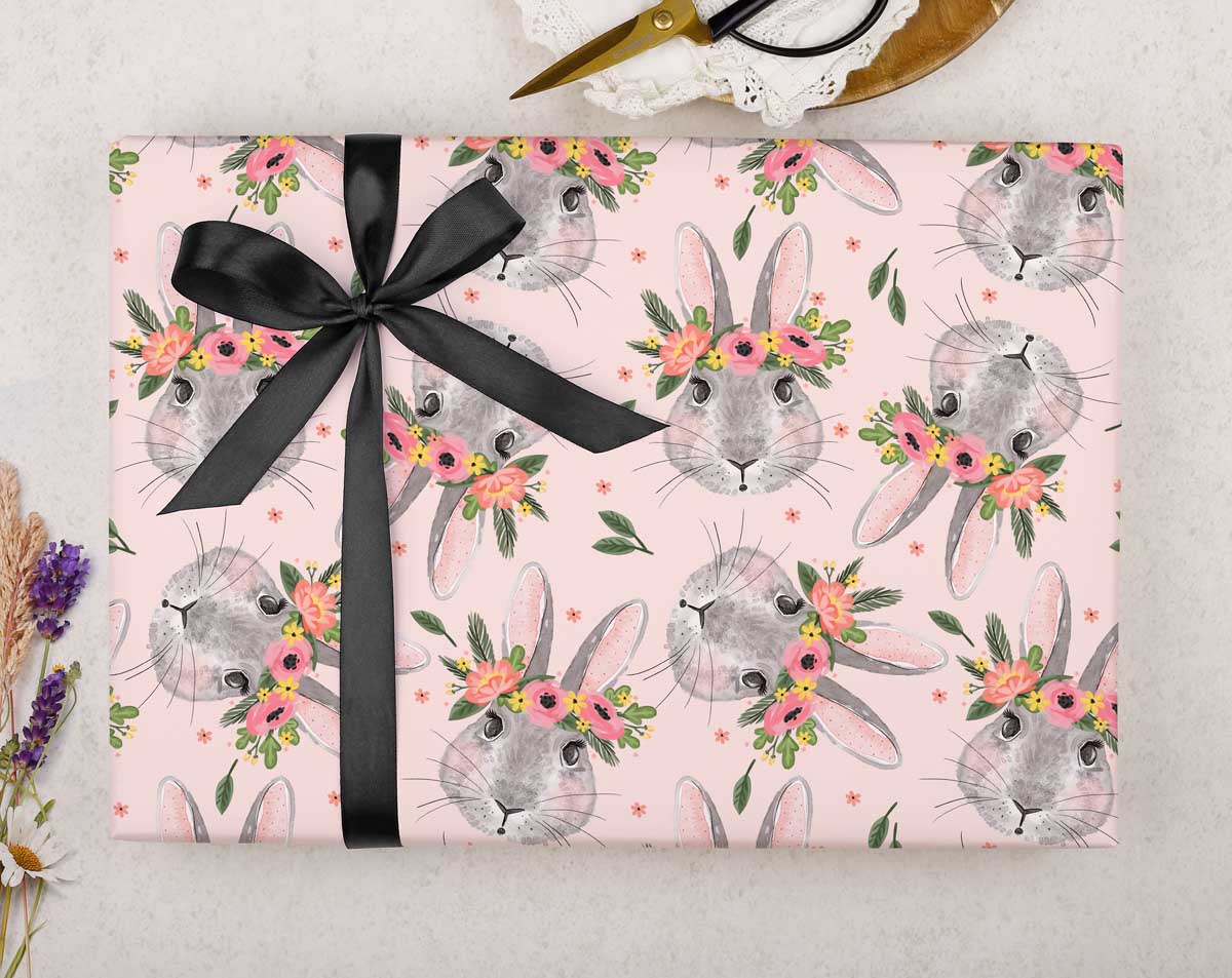 Pink rabbits with flowers wrapping paper